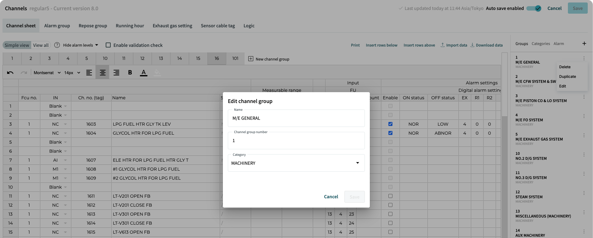 edit channel group dialog