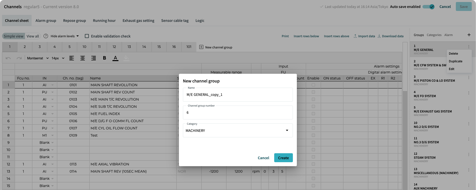 new channel group dialog from duplicate