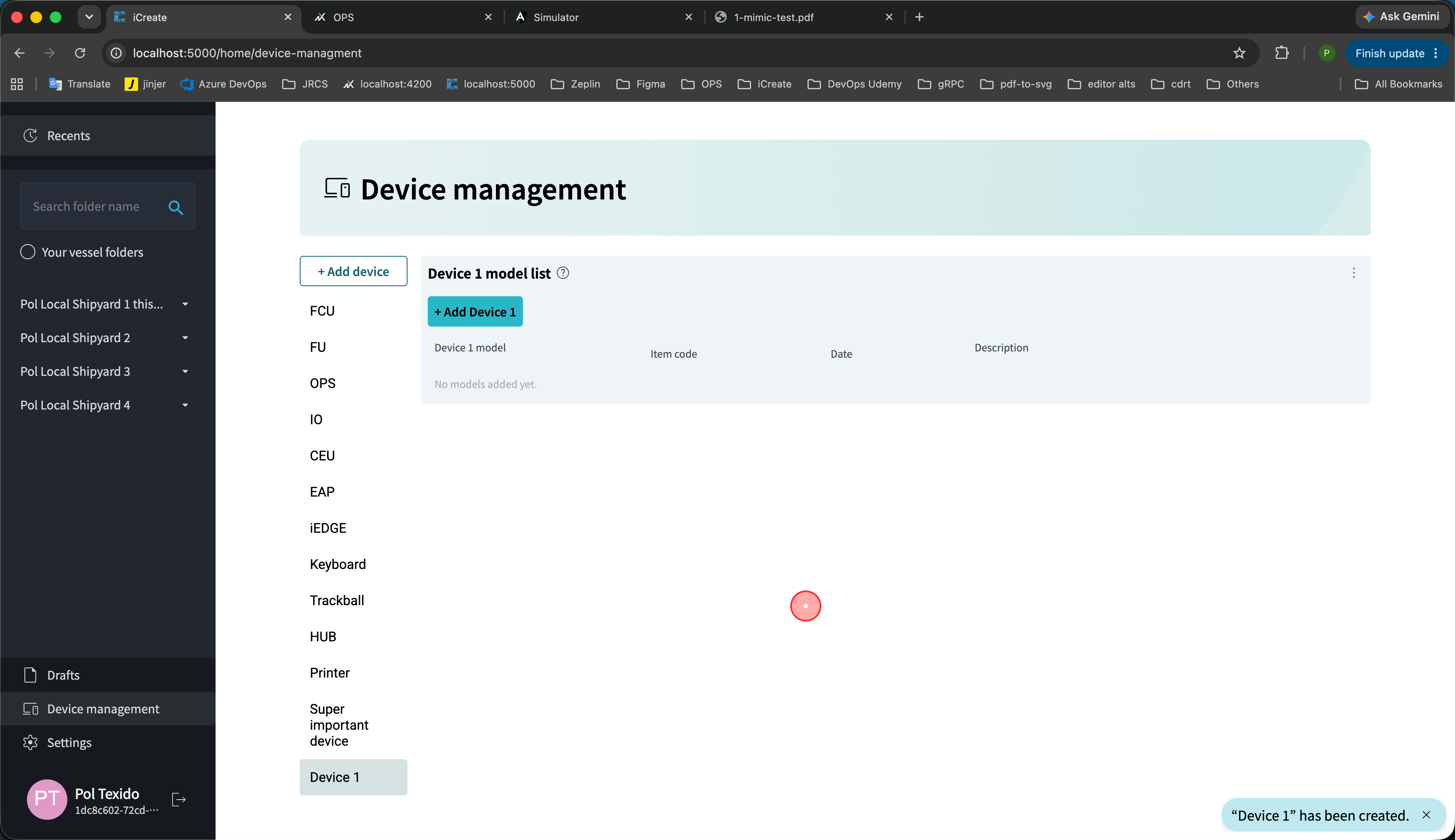 the device will appear on the page after its created